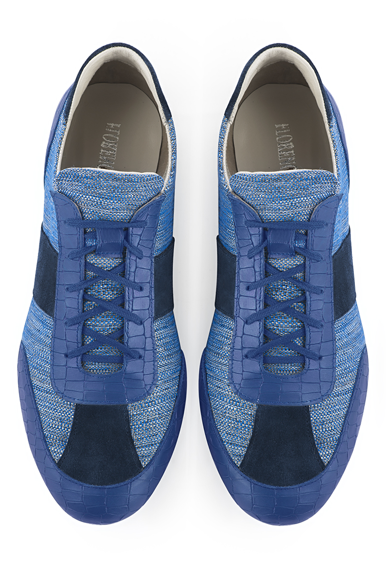 Electric blue two-tone dress sneakers for men. Round toe. Flat rubber soles. Top view - Florence KOOIJMAN